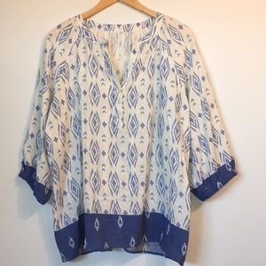 Boho Blue Linen & Rayon 3/4 Sleeve V-neck Top